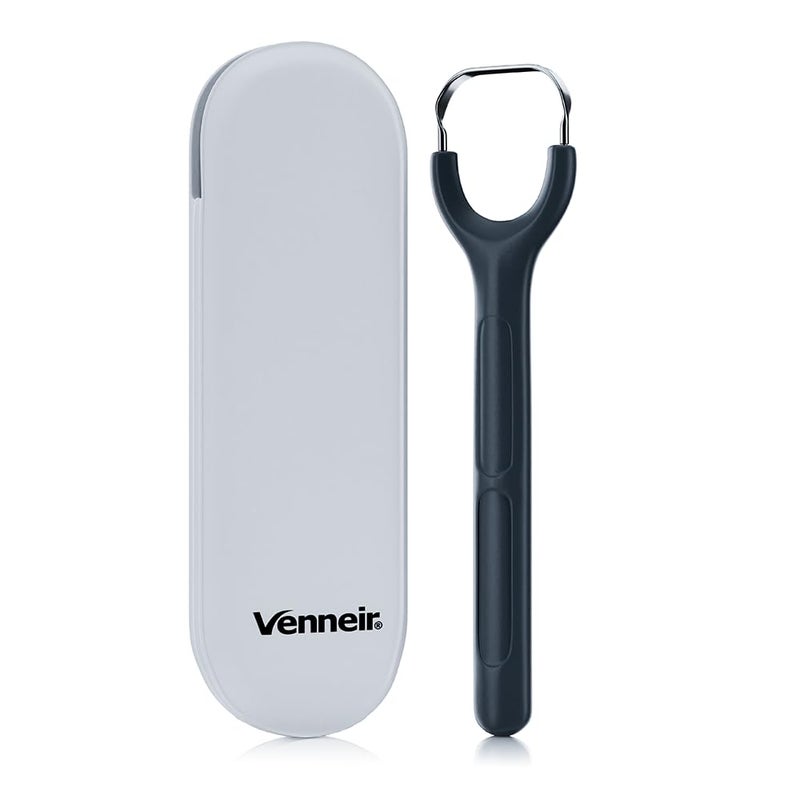 VenneirÂ® Tongue Scraper with Travel Case, Oral Glide Proâ€“Bad Breath Treatment, Medical-Grade Stainless Steelâ€“ for Adults & Kids. 100% Rustproof, Sleek & Effective Design (Midnight Grey)
